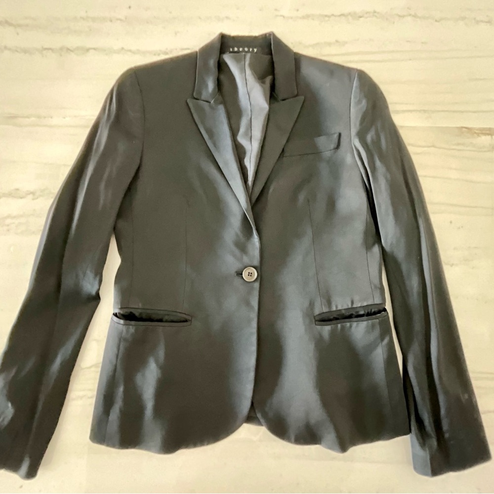 Theory One Button Satin Black Blazer Size 0